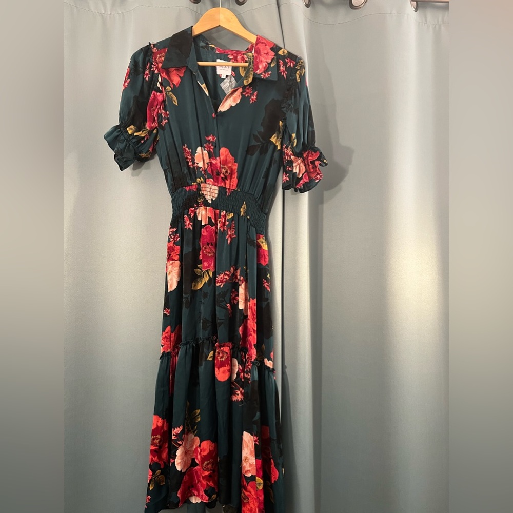 MISA deep green with beautiful floral multi pattern dress size L. New With Tags!